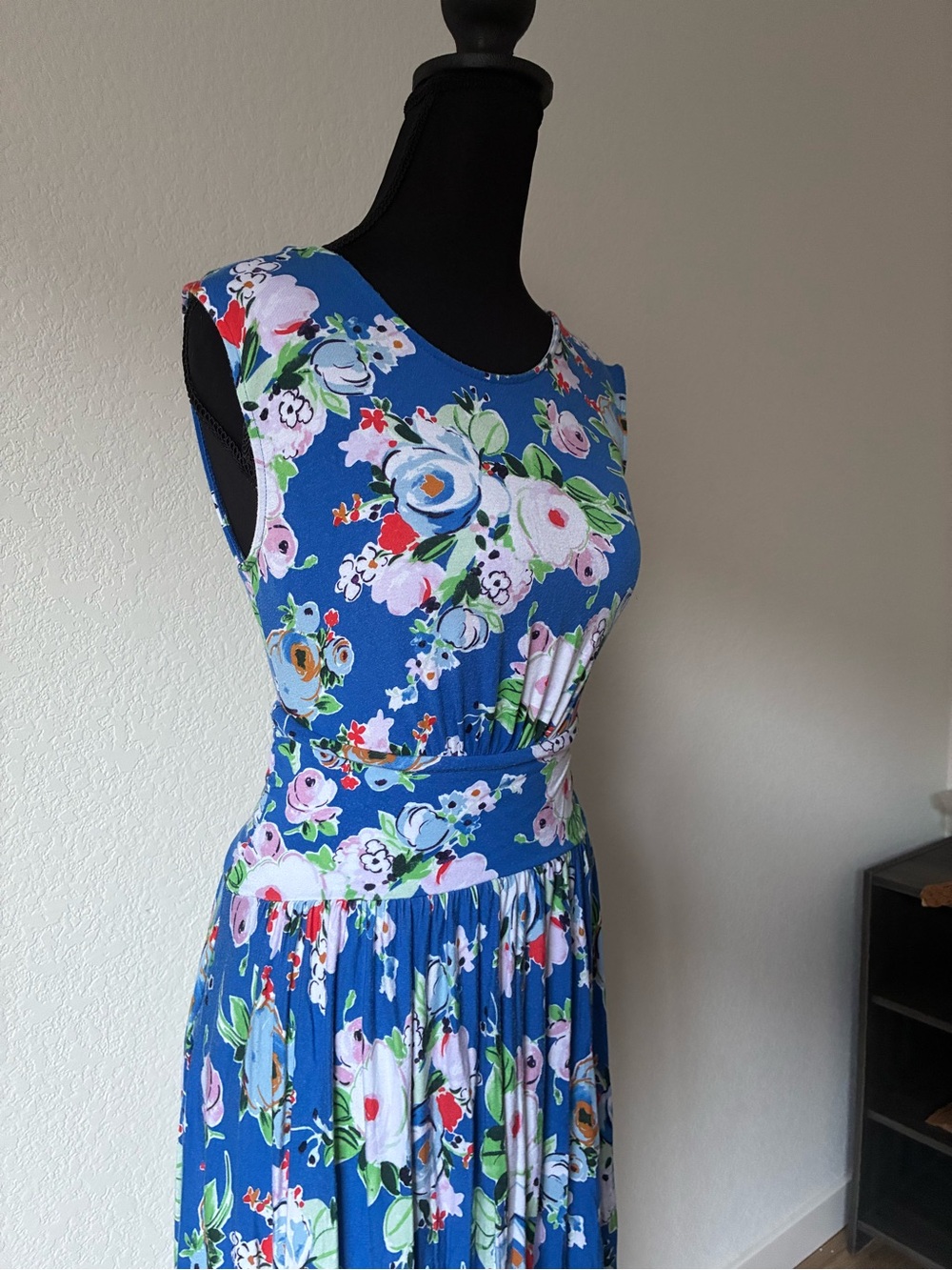 Maeve Anthro Blue Floral Sleeveless Maxi Dress Low Back Fitted Jersey - Picture 2 of 6